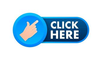 Click here button with hand pointer clicking. Vector stock illustration