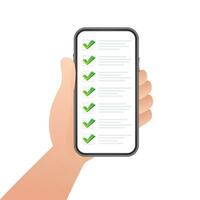 Green check list smartphone. Survey vector illustration. Green tick. Flat check list smartphone for web design. Customer service