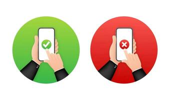 Hands holding smartphones with checkmarks set. Tick and cross check marks. Vector stock illustration