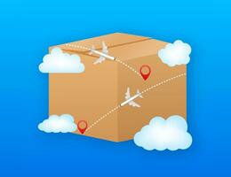 Vector concept. Modern cartoon illustration with flight delivery on blue background