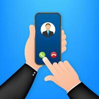 Incoming video call on laptop. Laptop with incoming call, man profile picture and accept decline buttons. Vector stock illustration