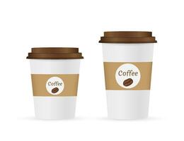 Close up take out coffee with brown cap and cup holder. Isolated on white background. Vector Illustration.