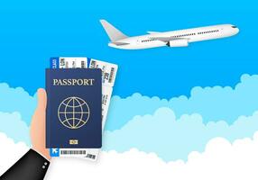 Passport for travel and tourism. Passport in hand. Man holds in his hand the document. Vector stock illustration