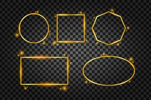 Vector golden frame with lights effects. Rectangle banner. Glowing magic frame. Vector illustrtaion.