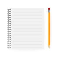 Opened notepad with pencil in top view. Sketchbook or diary. Vector stock illustration