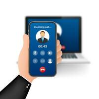 Incoming video call on laptop. Laptop with incoming call, man profile picture and accept decline buttons. Vector stock illustration