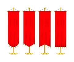 Signal red long sport advertising pennants banners samples on pole stand support pedestal realistic set. Vector stock illustration.