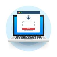 Sign in to account, user authorization, login authentication page concept. Laptop with login and password form page on screen. Vector stock illustration