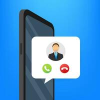 Incoming video call on laptop. Laptop with incoming call, man profile picture and accept decline buttons. Vector stock illustration