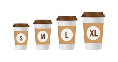 Flat template with size coffee cups on white background for paper design. Mockup template. Flat line vector illustration