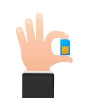 Vector Mobile Cellular Phone Sim Card in hands. Chip Isolated on white Background