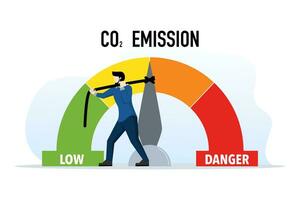 zero emission concept, clean and sustainable technology, humans limit CO2 emission levels to low, stop global warming template. environmental care. flat vector illustration on white background.