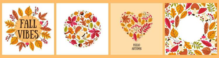 A set of autumn frames and compositions of leaves, mushrooms and berries. Vector graphics.