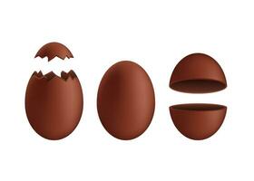 Realistic chocolate eggs set. Broken, exploded eggshell. Good for Easter design. Vector stock illustration