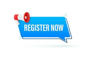 Megaphone label with register now. Megaphone banner. Web design. Vector stock illustration