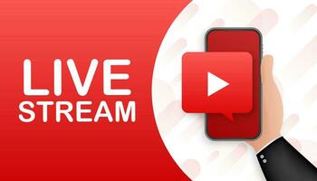 Live stream flat logo   red vector design element with play button. Vector illustration.