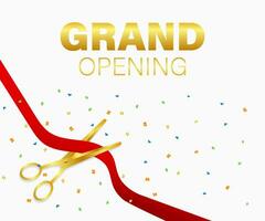 Grand opening card with red ribbon and gold scissors. Vector stock illustration