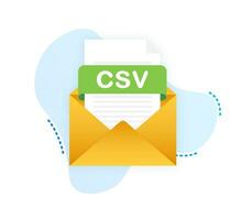 Download CSV button on laptop screen. Downloading document concept. File with CSV label and down arrow sign. Vector illustration.