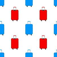 Blue travel plastic suitcase with wheels realistic pattern on white background. Vector stock illustration