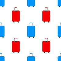 Blue travel plastic suitcase with wheels realistic pattern on white background. Vector stock illustration