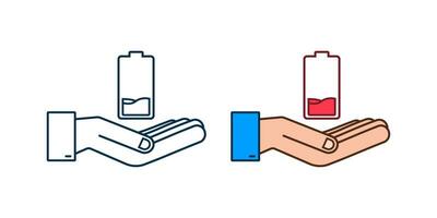 Discharged battery with hands. Set of battery charge level indicators. Vector illustration