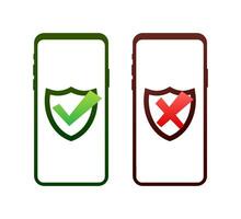 Smartphones with checkmarks set. Tick and cross check marks. Vector stock illustration