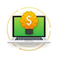 Flat idea for concept design. Lightbulb icon on laptop screen. Idea, solution, business, strategy concept. Vector stock illustration