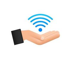 Free wifi zone blue sign in hands icon. Free wifi here sign concept. Vector illustration