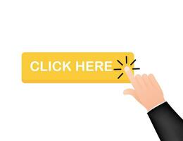 Click here button with hand pointer clicking. Vector stock illustration