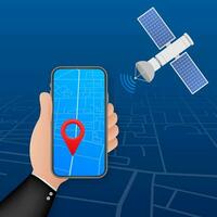 Smartphone with mobile navigation app on screen. Route map with symbols showing location of man. Vector stock illustration