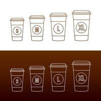 Flat template with size coffee cups on white background for paper design. Mockup template. Flat line vector illustration