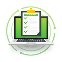 Online survey, checklist, questionnaire icon. Laptop, Computer screen. Feedback business concept Vector illustration