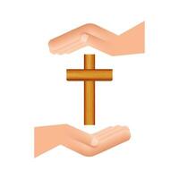 Cross wood icon in hands design on white background. Religion icon vector
