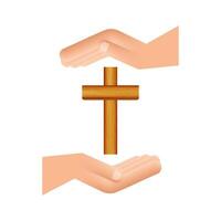 Cross wood icon in hands design on white background. Religion icon vector