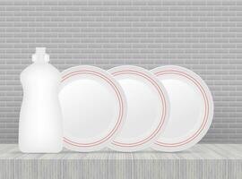 Dishwashing, washing dishes. Dishwashing liquid dishes Vector illustration