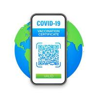 Vaccination digital certificate on smartphone. Phone screen with qr code and pass check mark vaccinated. Health passport. Vector stock illustration