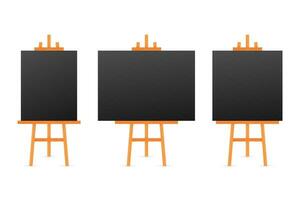 Vector Set of Wooden Brown White Sienna Easels with Mock Up Empty Blank Square Canvases Isolated on Background