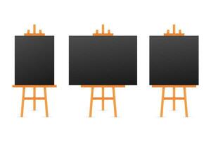 Vector Set of Wooden Brown White Sienna Easels with Mock Up Empty Blank Square Canvases Isolated on Background