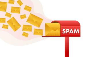 No spam. Spam Email Warning. Concept of virus, piracy, hacking and security. Envelope with spam. Vector illustration