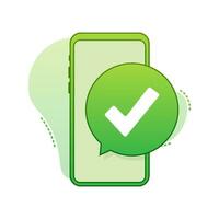 Smartphone with checkmark or tick notification in bubble. Approved choice. Accept or approve checkmark. Vector stock illustration.
