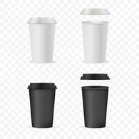 Close up take out coffee with brown cap and cup holder. Isolated on white background. Vector Illustration.