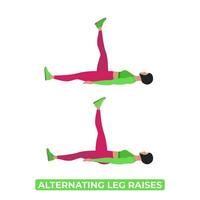 Vector Woman Doing Alternating Leg Raises. Bodyweight Fitness ABS and Core Workout Exercise. An Educational Illustration On A White Background.