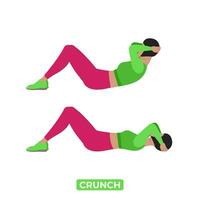 Vector Woman Doing Crunch. Bodyweight Fitness ABS Workout Exercise. An Educational Illustration On A White Background.