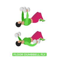 Vector Woman Doing Floor Dumbbell Fly. Bodyweight Fitness Chest Workout Exercise. An Educational Illustration On A White Background.