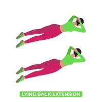 Vector Woman Doing Lying Back Extension. Bodyweight Fitness Back and Core Workout Exercise. An Educational Illustration On A White Background.