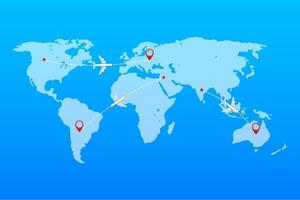 World map whit dashed trace line and airplanes flying. Vector stock illustration
