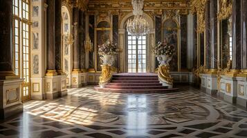 Photo of the room featuring the interior design of the Palace of Versaille, France. Generative AI