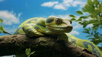 Photo of a Green Tree Python under Blue Sky. Generative AI