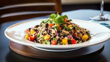 Photo of Quinoa and Black Bean Salad as a dish in a high-end restaurant. Generative AI
