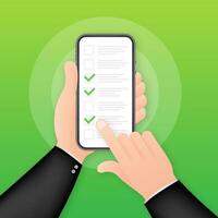 Green check list smartphone. Survey vector illustration. Green tick. Flat check list smartphone for web design. Customer service